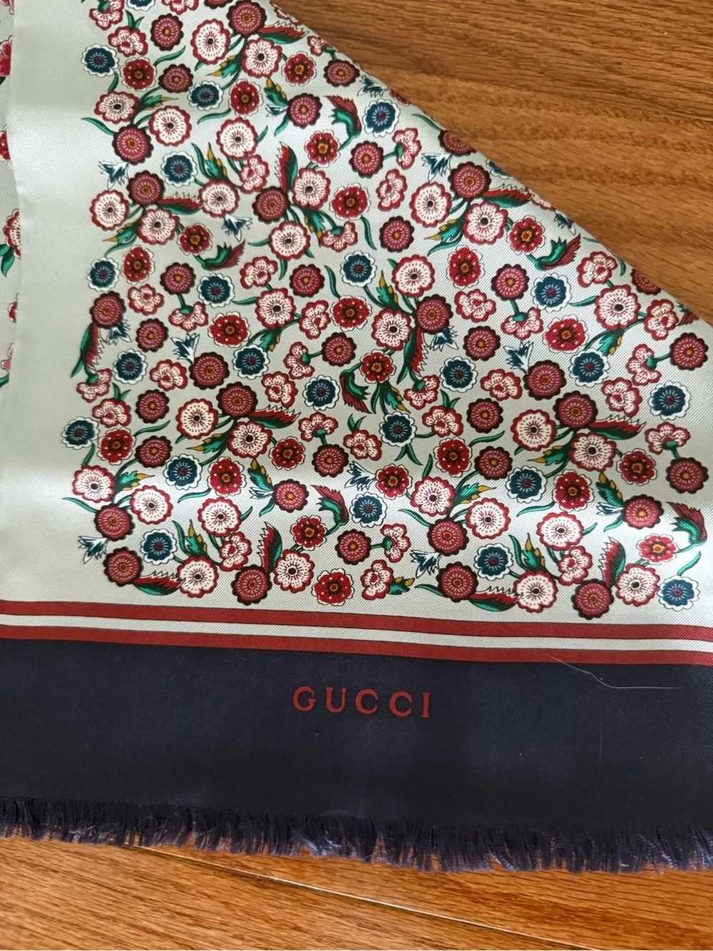 Gucci Silk Scarf with Red Floral Print on Ivory